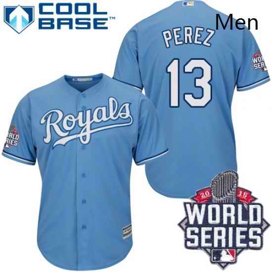 Mens Majestic Kansas City Royals 13 Salvador Perez Replica Light Blue Alternate 1 Cool Base 2015 World Series